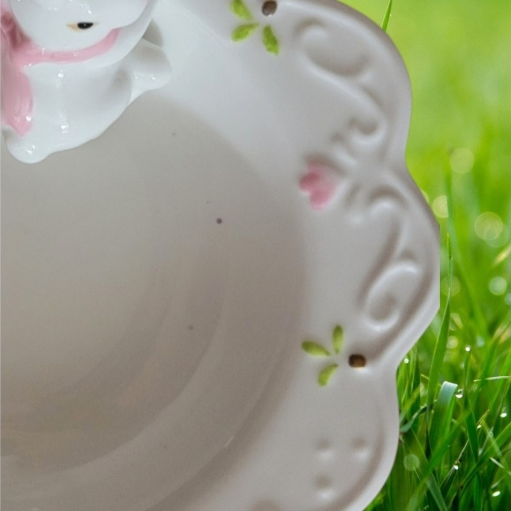 Porcelain Bunny Trinket Dish Colored Accents With Glitter Eggs 7" Width - Picture 9 of 11